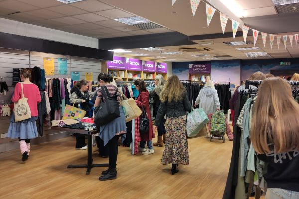 Crowd of customers at £1 Clothing Sale